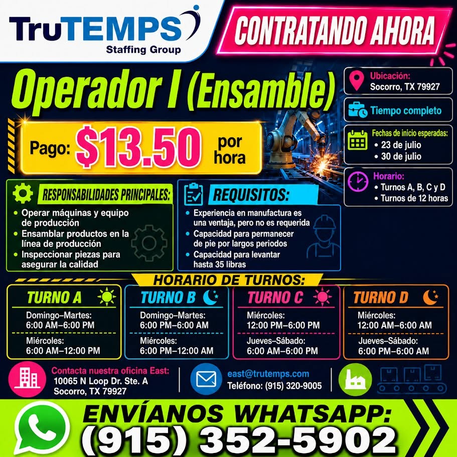 **NOW HIRING: OPERATOR I - ASSEMBLY