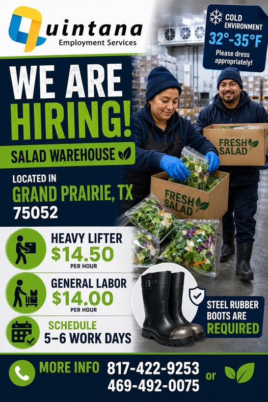 Quintana Staffing: WE ARE HIRING! salad warehouse