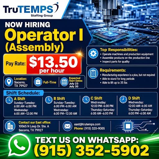 NOW HIRING: OPERATOR I - ASSEMBLY