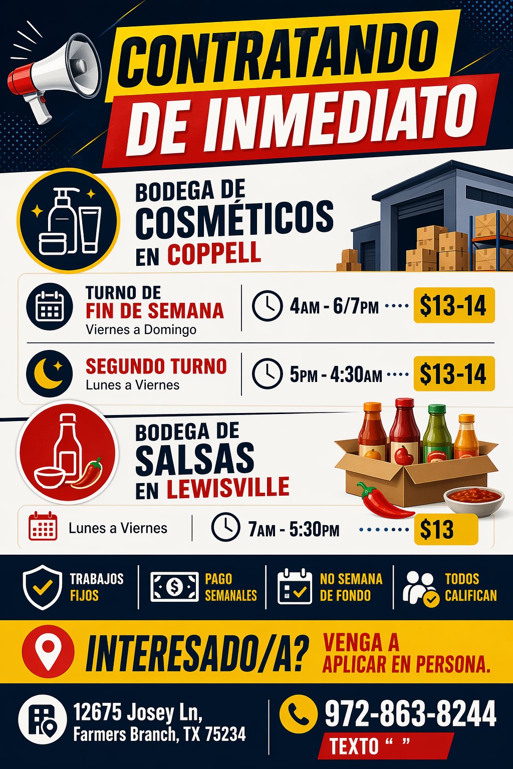 Hiring: Cosmetics Warehouse and Sauces Warehouse (Coppel/Lewisville)