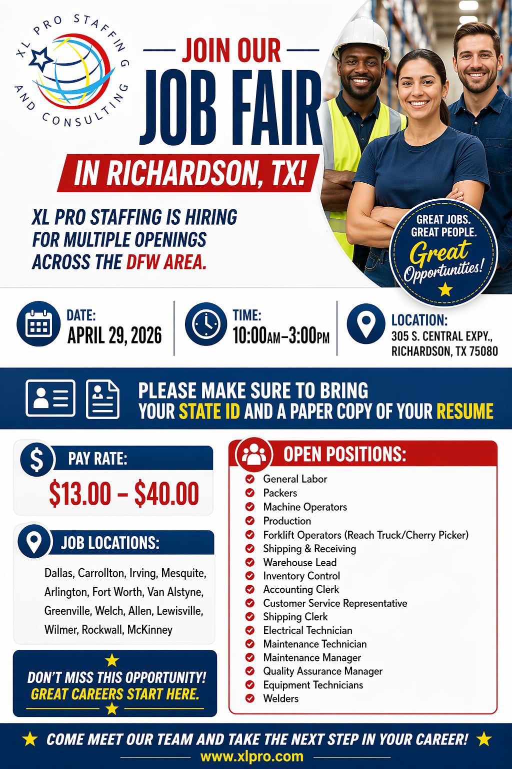 XL Pro Staffing Job Fair (Richardson, TX) SCHEDULE YOUR APPOINTMENT, TEXT MSG