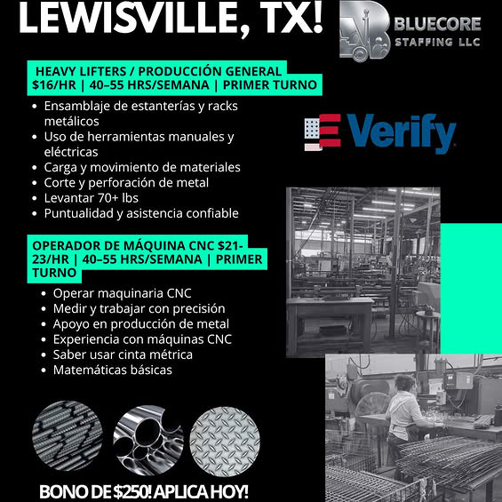 Job Offer: Heavy Lifters/Production and CNC Operator (first shift)