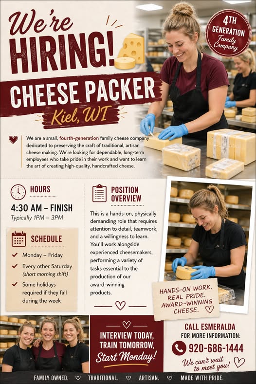 Cheese Packer Wanted (Kiel, WI)